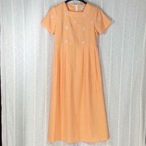 Vintage Sophia Rose Orange Gingham Flower Embroidered Midi Dress Size 8